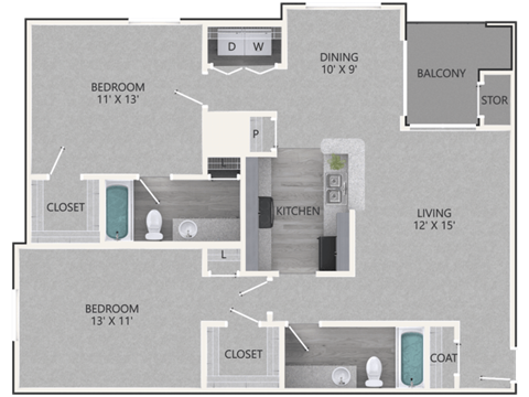 Floor plan for 2 beds, 2 baths, 1052 sqft
