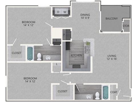 Floor plan for 2 beds, 2 baths, 1141 sqft