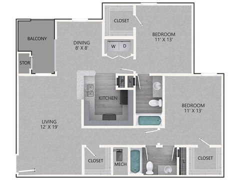 Floor plan for 2 beds, 2 baths, 1152 sqft