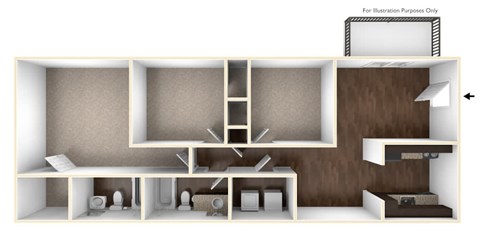 Floor plan for 2 beds, 1 bath, 1030 sqft