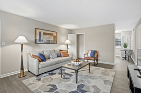 Decatur apartment for rent - A living room with a grey couch, a coffee table, and a lamp.