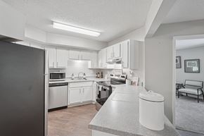 Atlanta apartment for rent - A modern kitchen with white cabinets and appliances.
