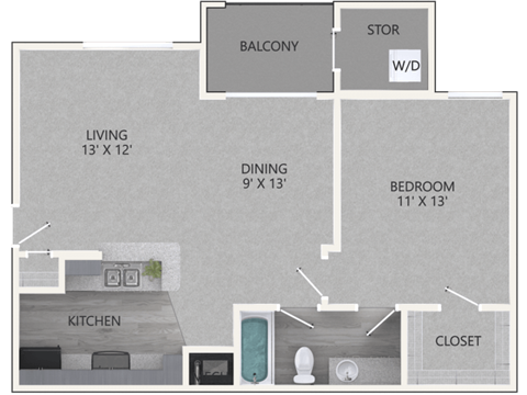 Floor plan for 1 bed, 1 bath, 689 sqft