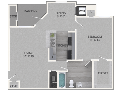 Floor plan for 1 bed, 1 bath, 792 sqft