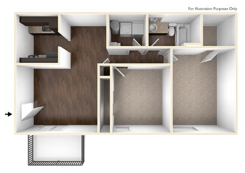 Floor plan for 2 beds, 1 bath, 990 sqft