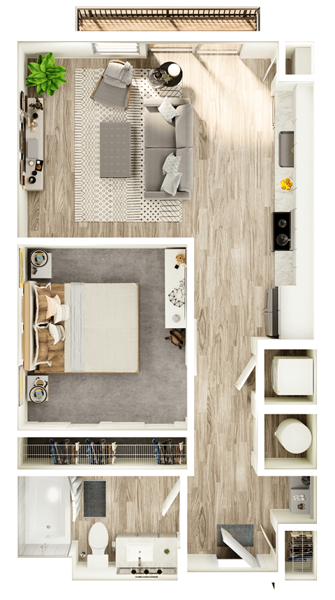 Floor plan for 1 bed, 1 bath, 643 sqft