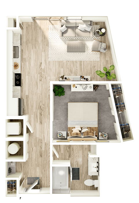 Floor plan for 1 bed, 1 bath, 703 sqft