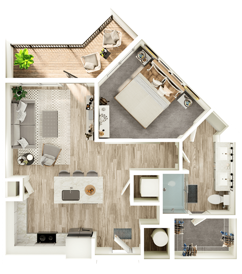 Floor plan for 1 bed, 1 bath, 686 sqft