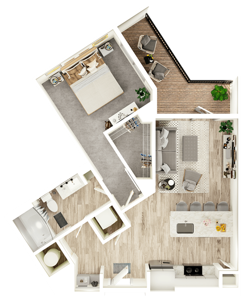 Floor plan for 1 bed, 1 bath, 717 sqft