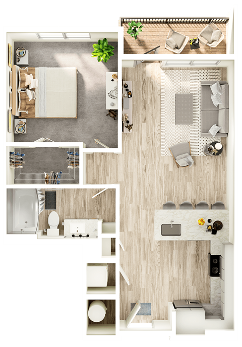 Floor plan for 1 bed, 1 bath, 736 sqft