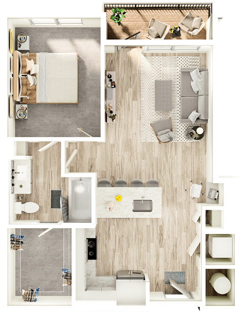 Floor plan for 1 bed, 1 bath, 755 sqft