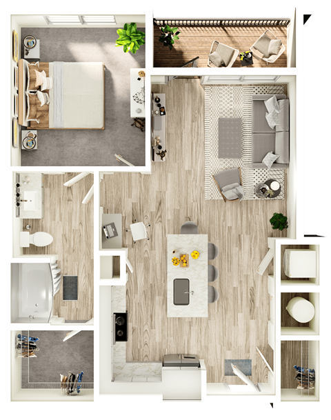Floor plan for 1 bed, 1 bath, 766 sqft