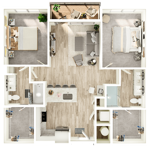 Floor plan for 2 beds, 2 baths, 1067 sqft