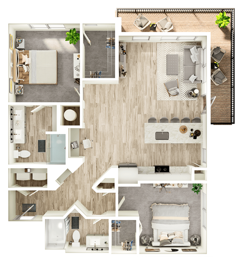 Floor plan for 2 beds, 2 baths, 1230 sqft