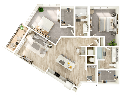 Floor plan for 2 beds, 2 baths, 1243 sqft