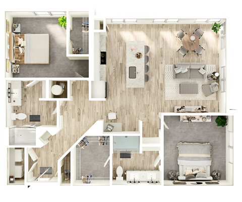 Floor plan for 2 beds, 2 baths, 1357 sqft