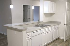 Decatur apartment for rent - a kitchen with white cabinets and a sink