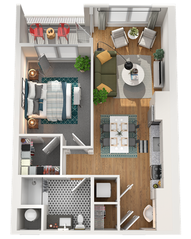 Floor plan for 1 bed, 1 bath, 612 sqft