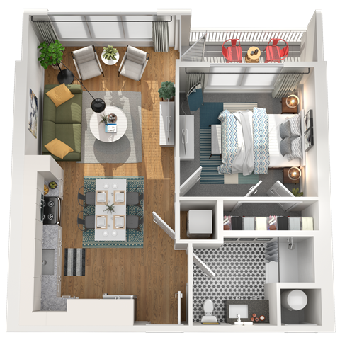 Floor plan for 1 bed, 1 bath, 583 sqft