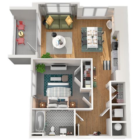 Floor plan for 1 bed, 1 bath, 659 sqft