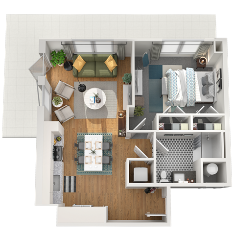 Floor plan for 1 bed, 1 bath, 656 sqft