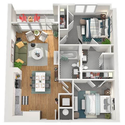 Floor plan for 2 beds, 2 baths, 802 sqft