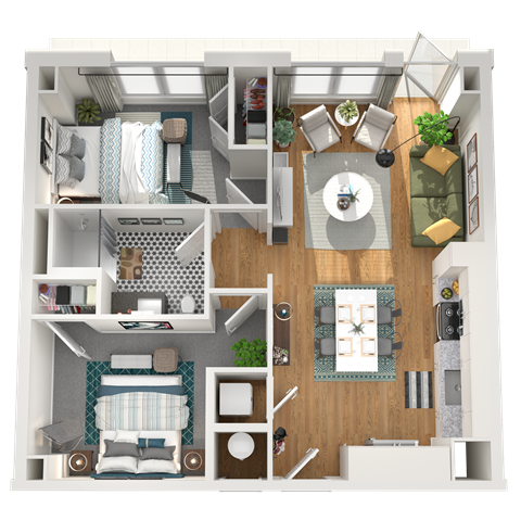 Floor plan for 2 beds, 1 bath, 735 sqft