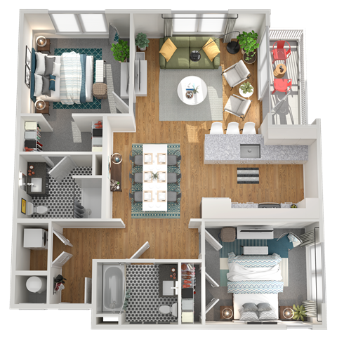 Floor plan for 2 beds, 2 baths, 957 sqft