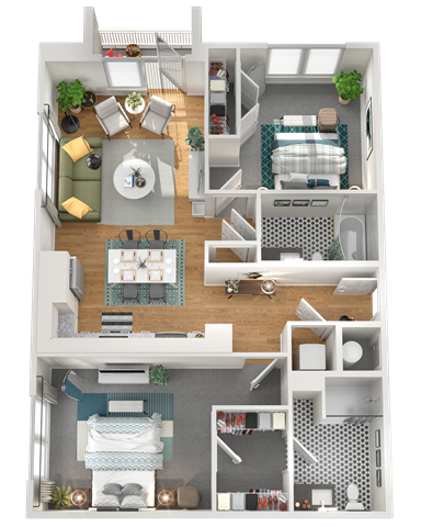 Floor plan for 2 beds, 2 baths, 919 sqft