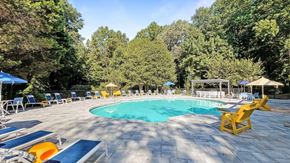 Peachtree Corners apartment for rent - the pool is surrounded by chairs and umbrellas and trees