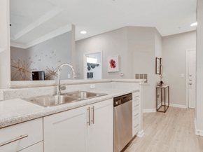 Peachtree Corners apartment for rent - A modern kitchen with white cabinets and a stainless steel dishwasher.