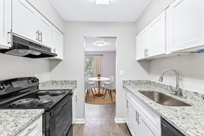 Decatur townhouse for rent - a renovated kitchen with marble counter tops and white cabinets