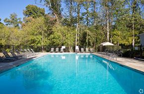 Smyrna apartment for rent - A large swimming pool surrounded by trees and lounge chairs.