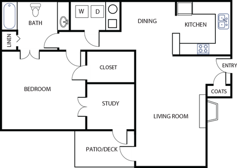 Floor plan for 1 bed, 1 bath, 965 sqft