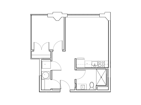 Floor plan for 1 bed, 1 bath, 563 sqft