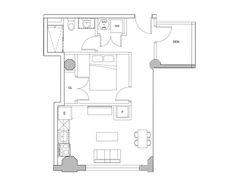 Floor plan for 1 bed, 1 bath, 579 sqft