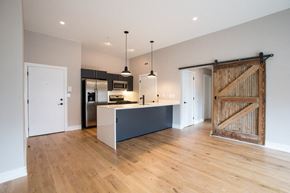 Philadelphia apartment for rent - a renovated kitchen with a barn door in the center