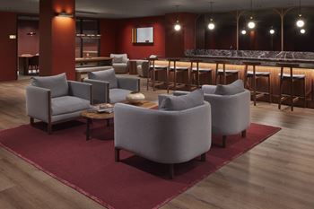 A row of grey couches