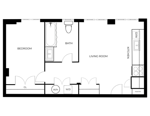 Floor plan for 1 bed, 1 bath, 762 sqft