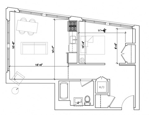 Floor plan for 1 bed, 1 bath, 675 sqft