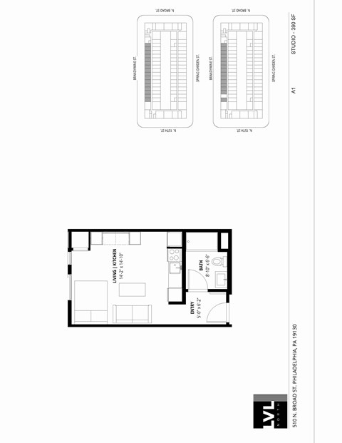 Floor plan for studio, 1 bath, 390 sqft