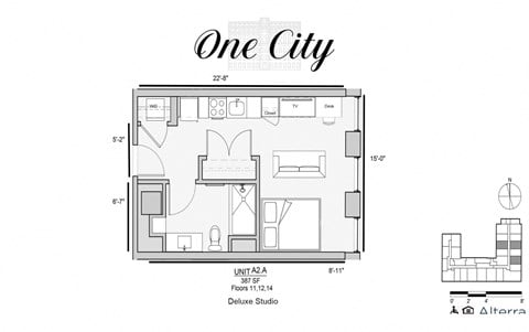 Floor plan for studio, 1 bath, 394 sqft