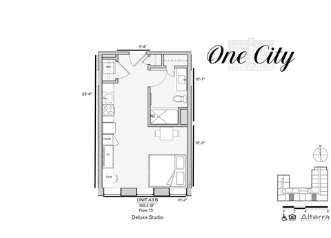 Floor plan for studio, 1 bath, 405 sqft