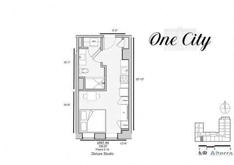 Floor plan for studio, 1 bath, 338 sqft