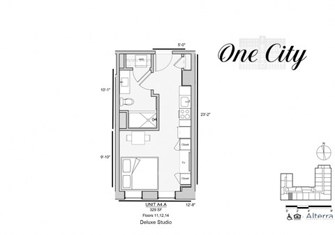 Floor plan for studio, 1 bath, 338 sqft