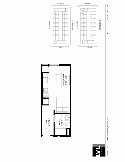 Floor plan for studio, 1 bath, 372 sqft