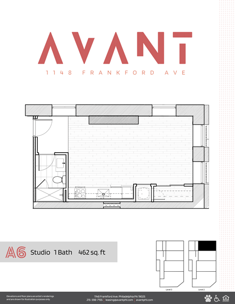 Floor plan for studio, 1 bath, 462 sqft