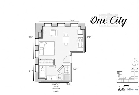 Floor plan for studio, 1 bath, 399 sqft