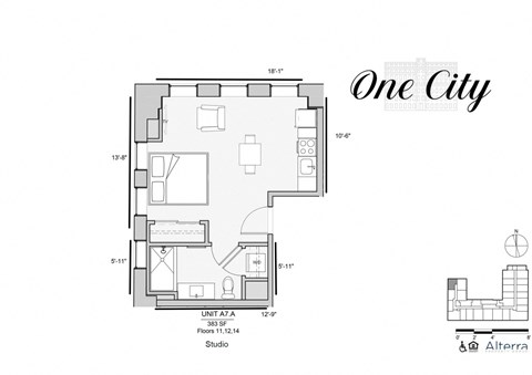 Floor plan for studio, 1 bath, 399 sqft