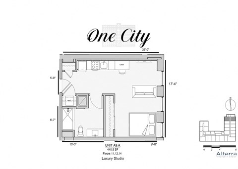 Floor plan for studio, 1 bath, 447 sqft